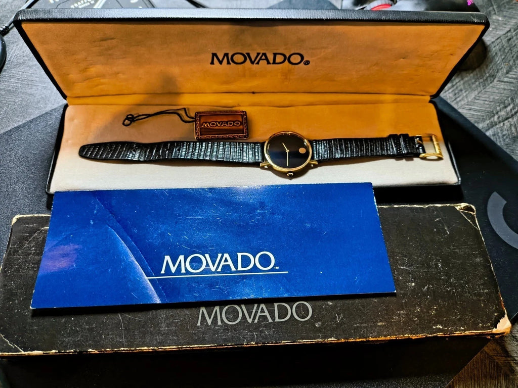 Movado Museum watch 33mm 14K Solid Gold Black Dial Zenith ALL ORIG w/Box&papers