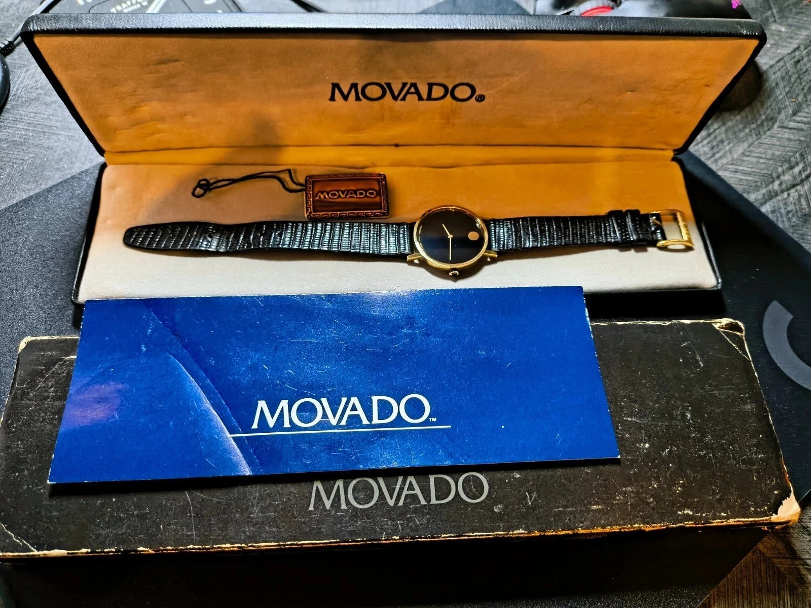 Movado Museum watch 33mm 14K Solid Gold Black Dial Zenith ALL ORIG w/Box&papers