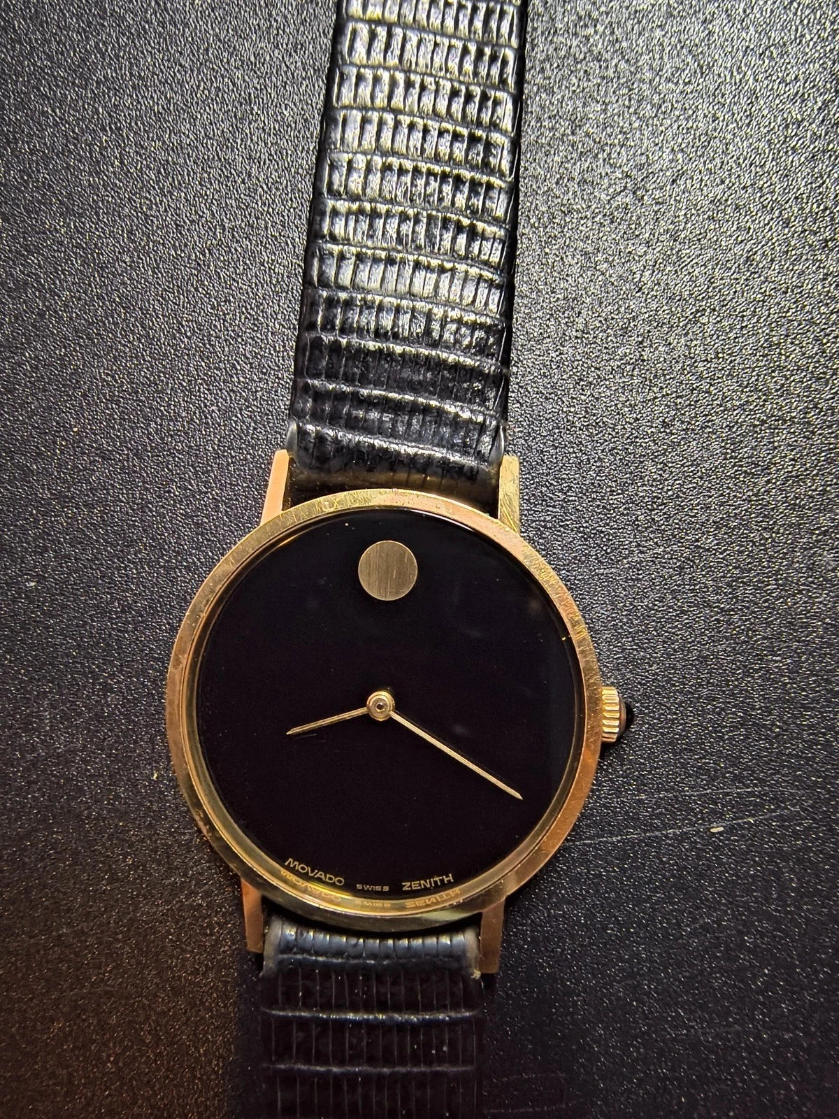 Movado Museum watch 33mm 14K Solid Gold Black Dial Zenith ALL ORIG w/Box&papers